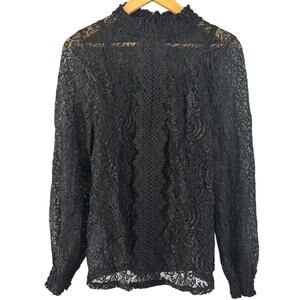 Cable & Gauge Black Sheer Lace Long Sleeve Mock Neck Blouse Large